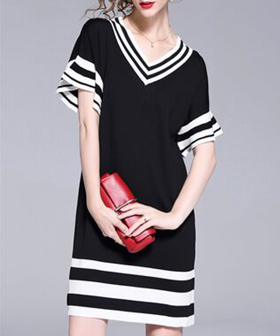 Black stripe hem V-neck mini dress Sale - Kaimilan