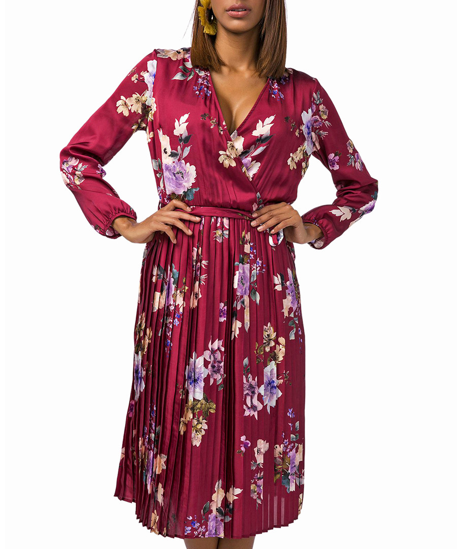 Red long sleeve floral pleated dress Sale - zibi london