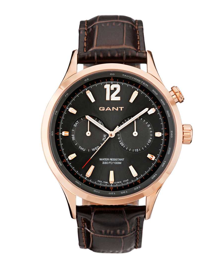 Gold-tone steel & brown leather watch Sale - gant