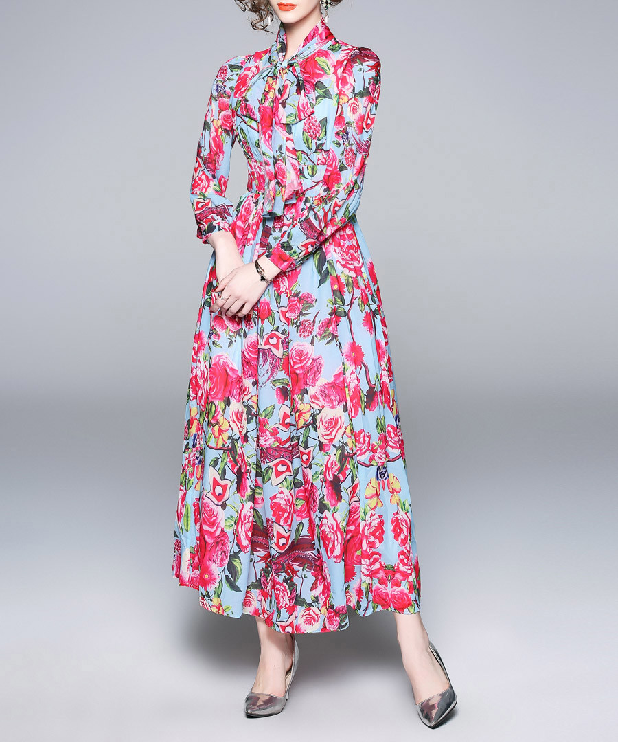 Blue & pink rose print maxi dress Sale - Kaimilan