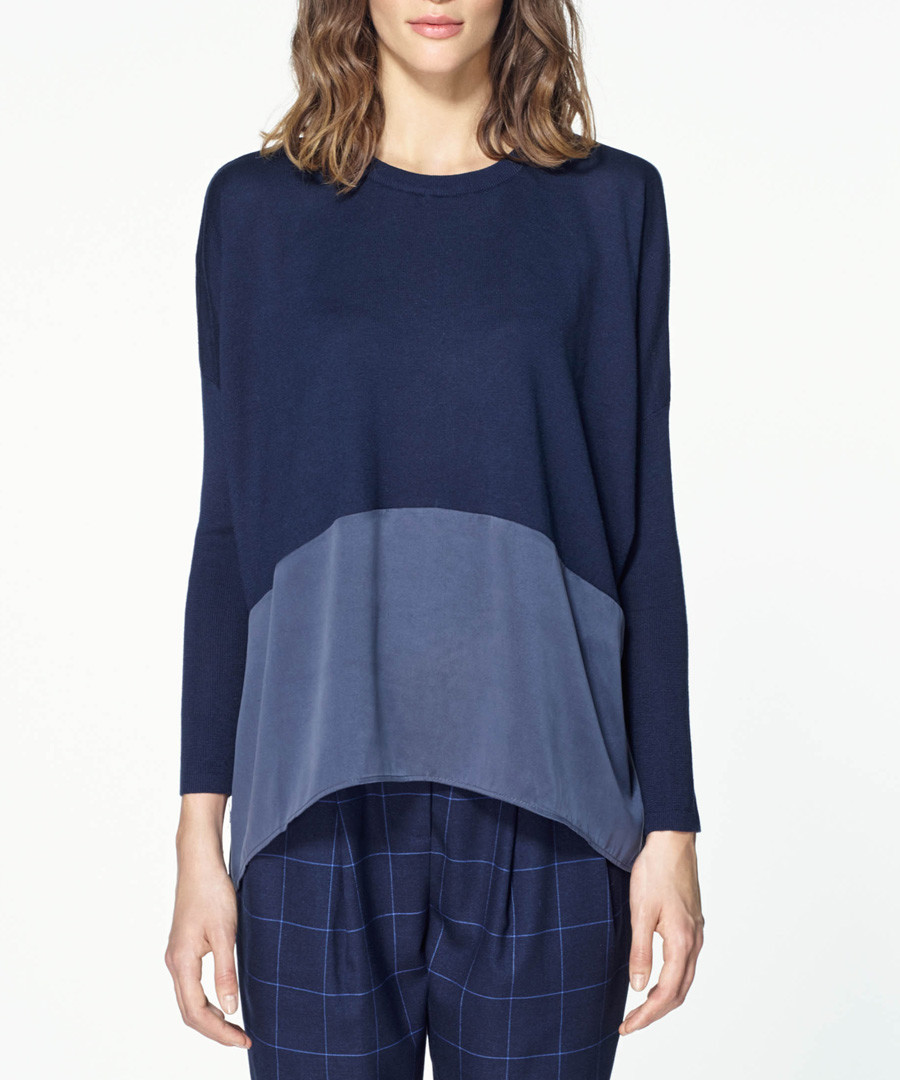 Navy silk panel knitted long sleeve top Sale - paisie