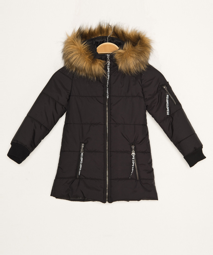 Girls' black hooded quilted coat Sale - Dewberry