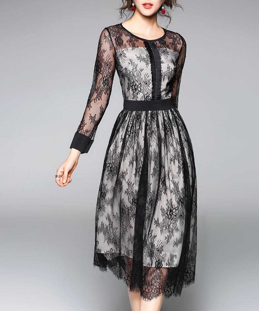 Black lace overlay 3/4 sleeve dress Sale - Kaimilan