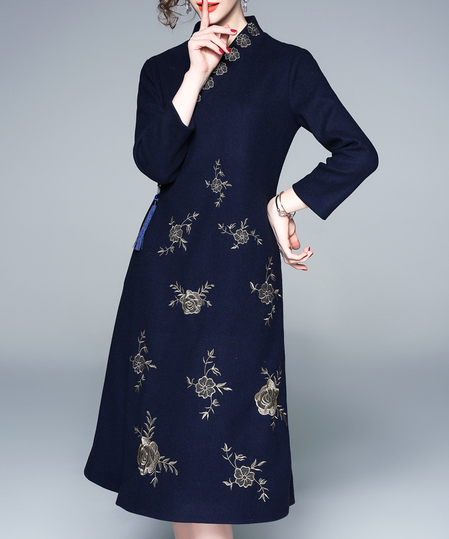 Navy high neck printed A-line midi dress Sale - Zeraco