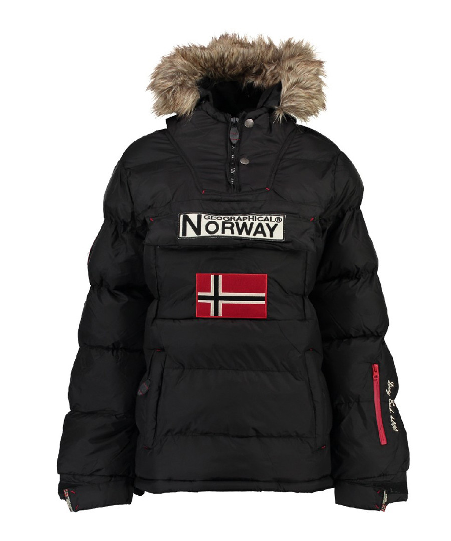 Black branded faux fur hood parka coat Sale - geographical norway