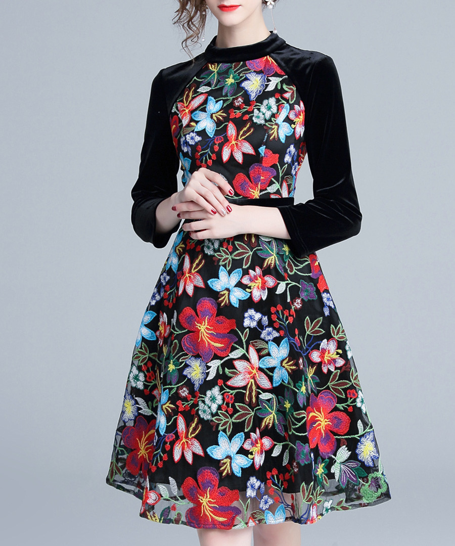 Black & floral 3/4 sleeve dress Sale - kaimilan