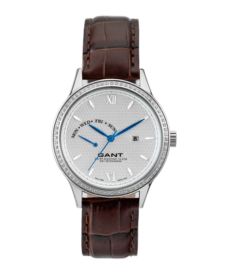 Silver-tone & brown leather watch Sale - gant