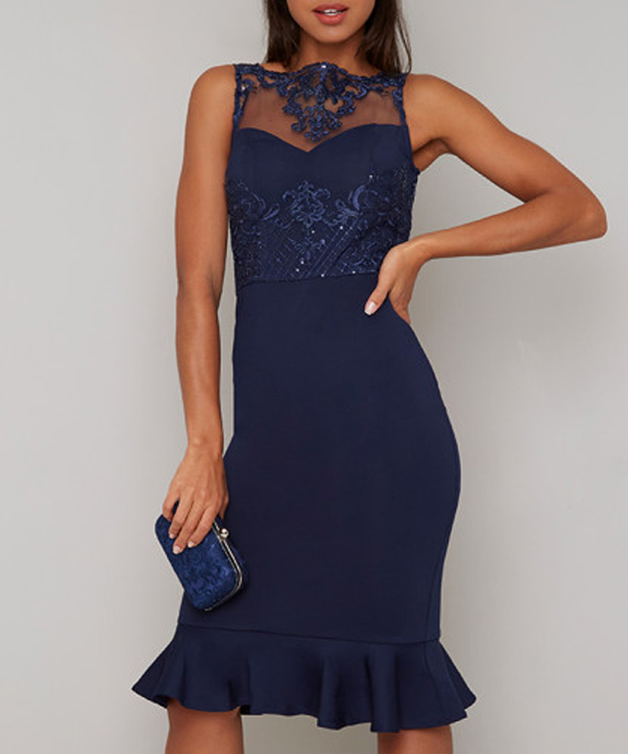 Gretal navy sleeveless hem dress Sale - chi chi london