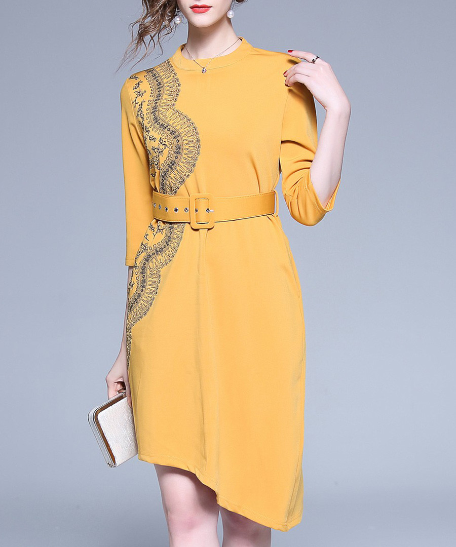 Yellow belted asymmetric mini dress Sale - Kaimilan
