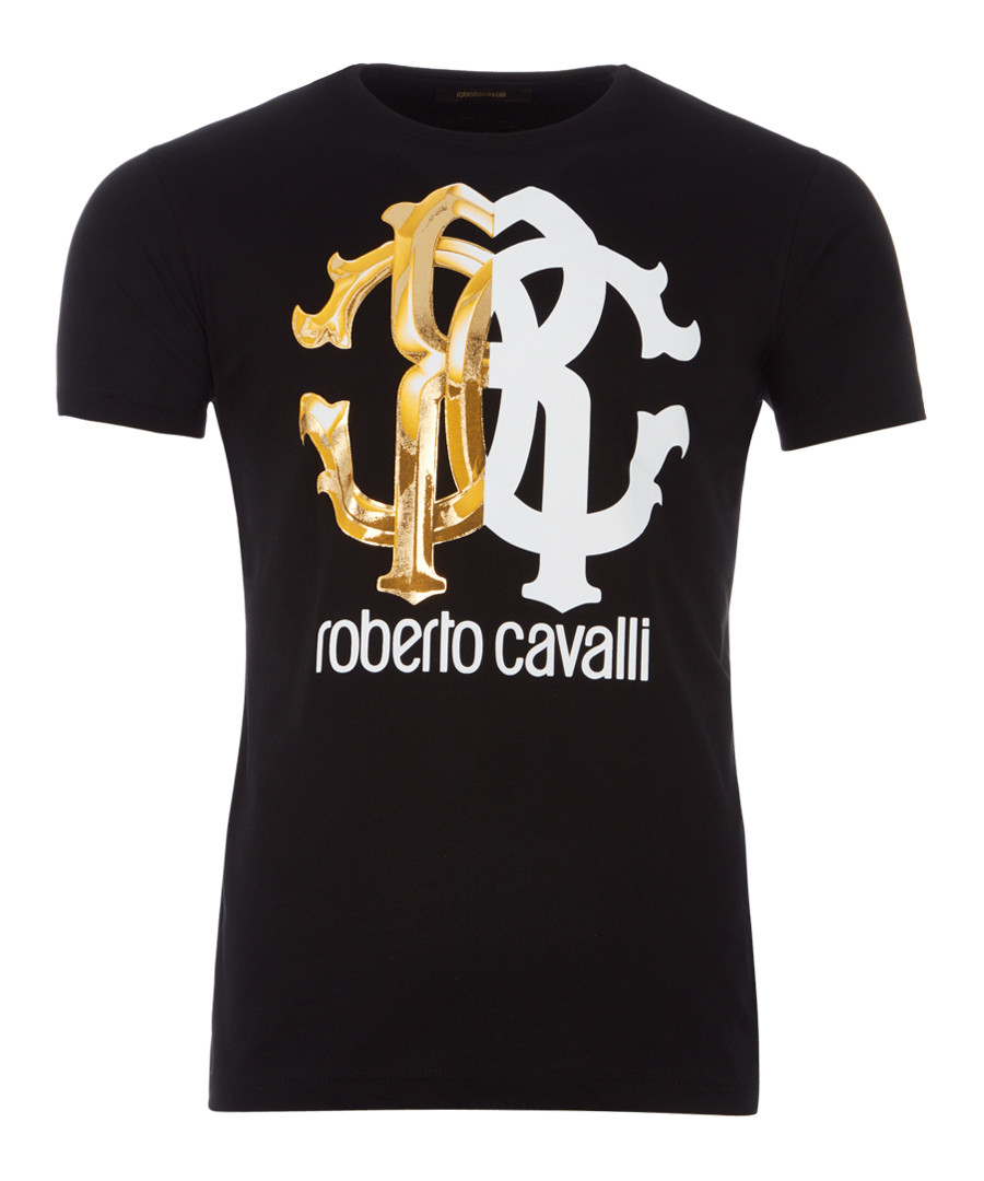 black & gold-tone cotton emblem T-shirt Sale - roberto cavalli