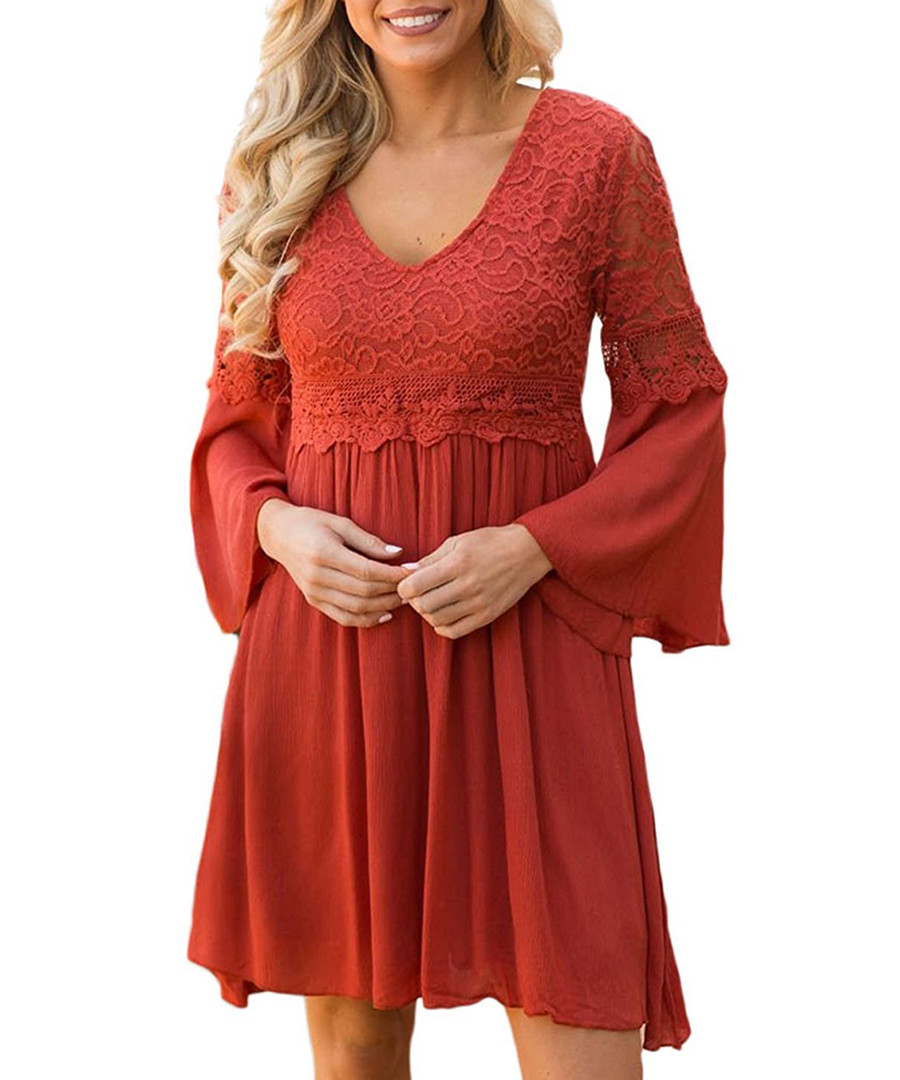 Red ochre lace detail V-neck dress Sale - flora luna