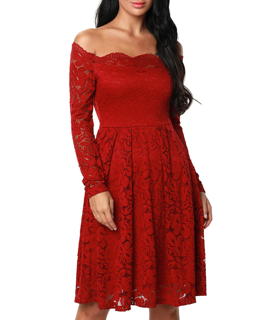 Wine off-shoulder lace dress Sale - flora luna