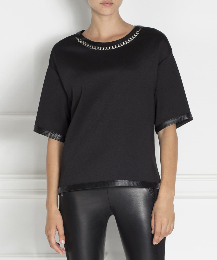 Black faux leather hem T-shirt Sale - nissa