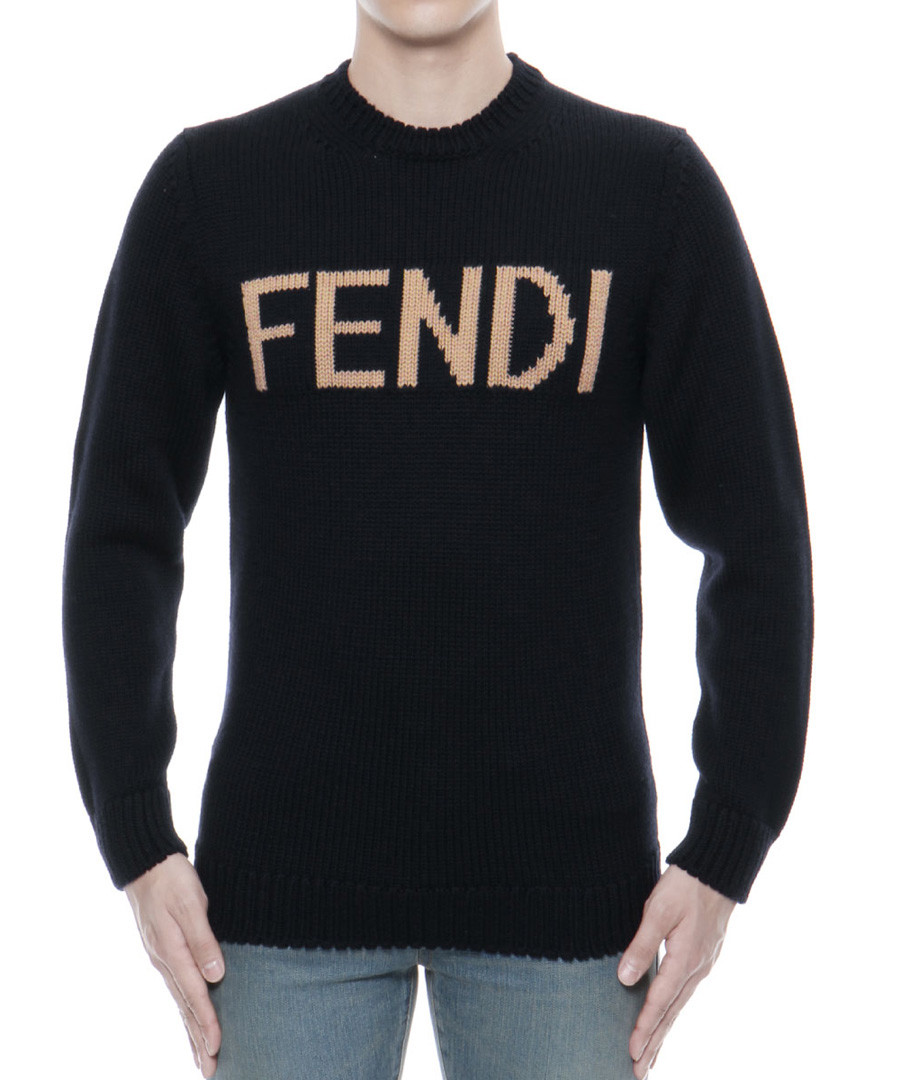 Navy pure virgin wool logo jumper Sale - fendi