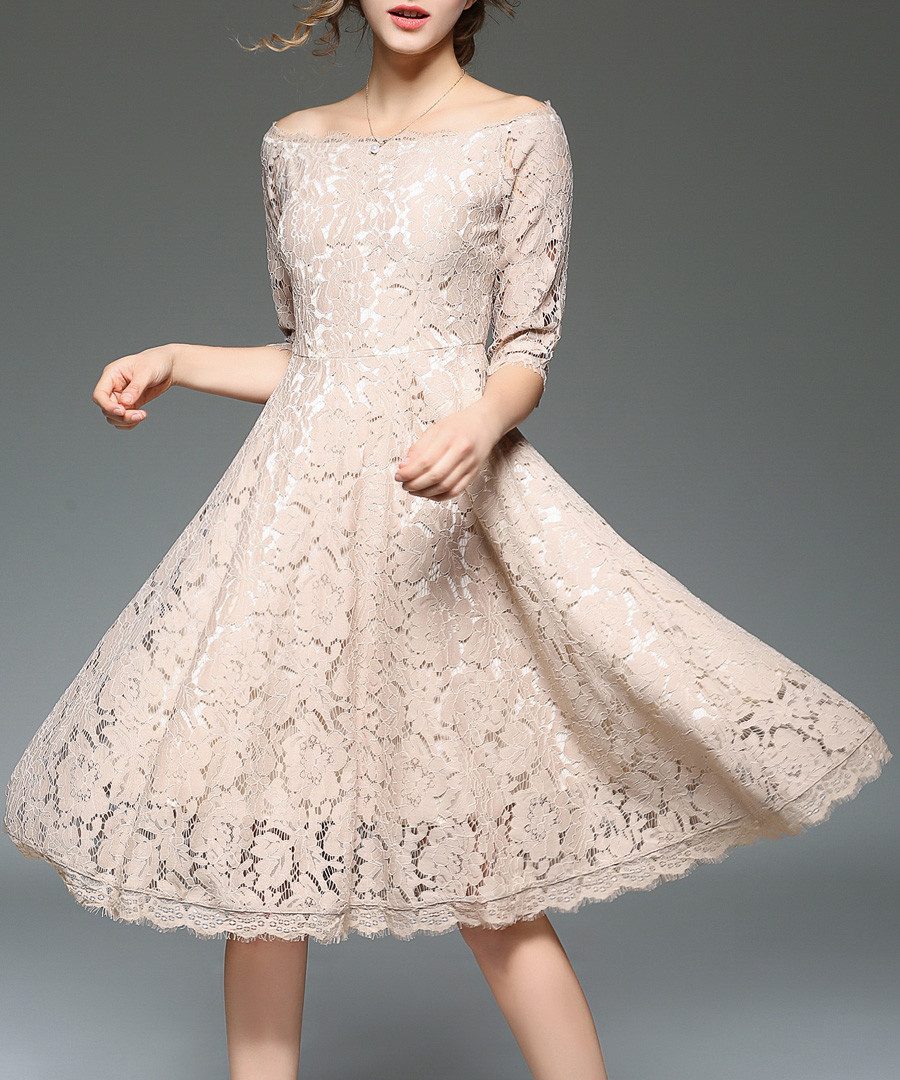 beige lace half sleeve dress Sale - yisq