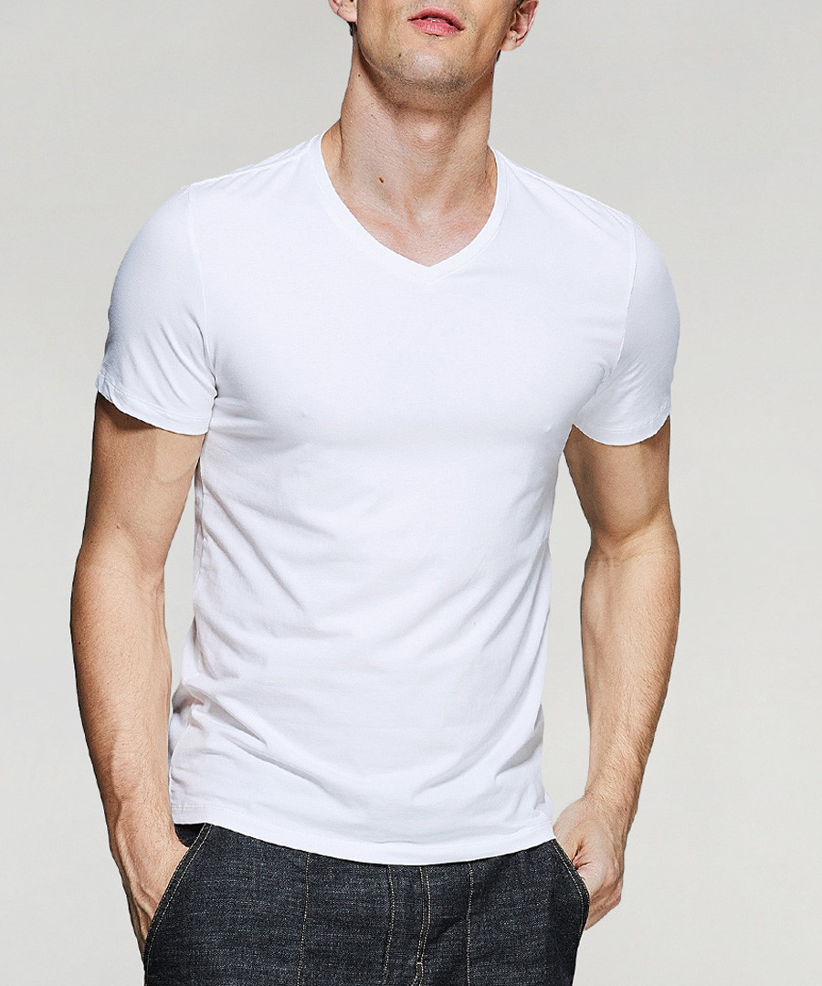 white cotton stretch V-neck T-shirt Sale - kuegou