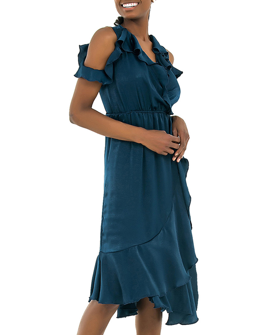 Navy ruffle cold-shoulder dress Sale - zibi london