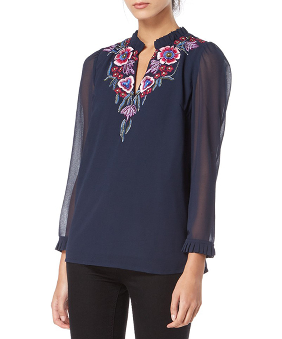 navy floral sheer sleeve blouse Sale - raishma