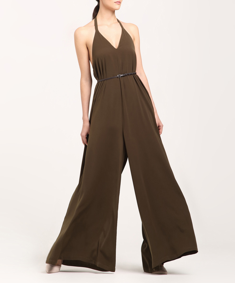 Khaki V-neck wide-leg jumpsuit Sale - paisie