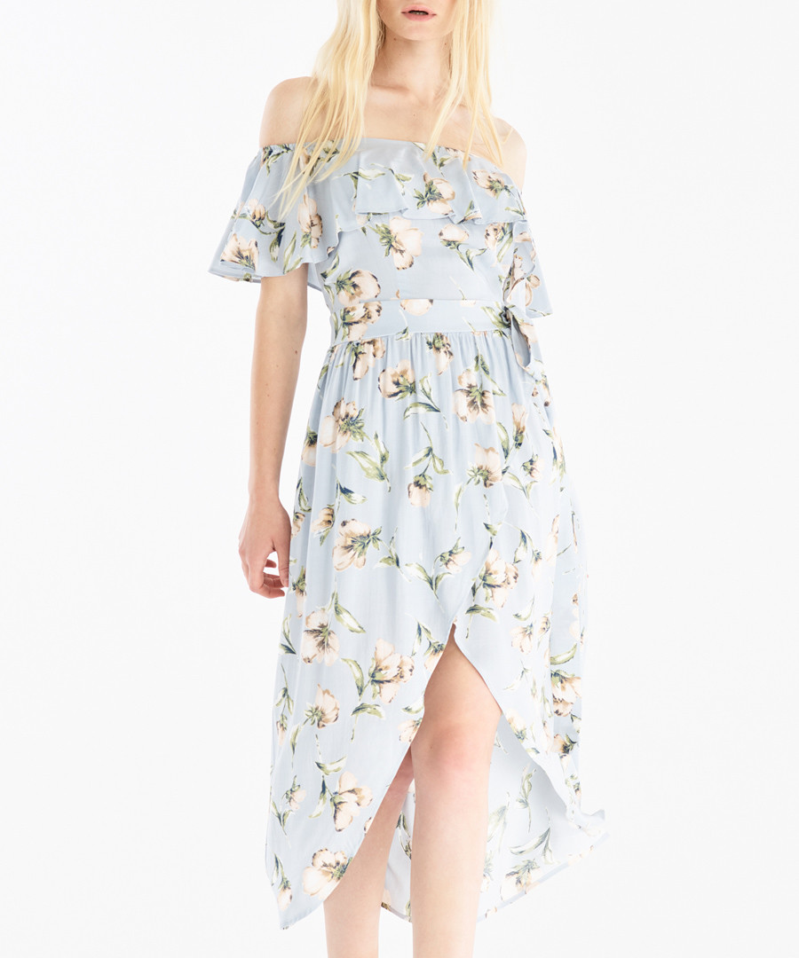 Baby blue floral off-the-shoulder dress Sale - paisie