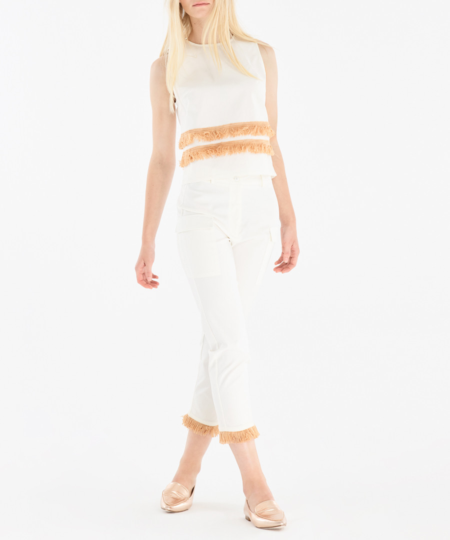 White & peach fringe trim blouse Sale - paisie