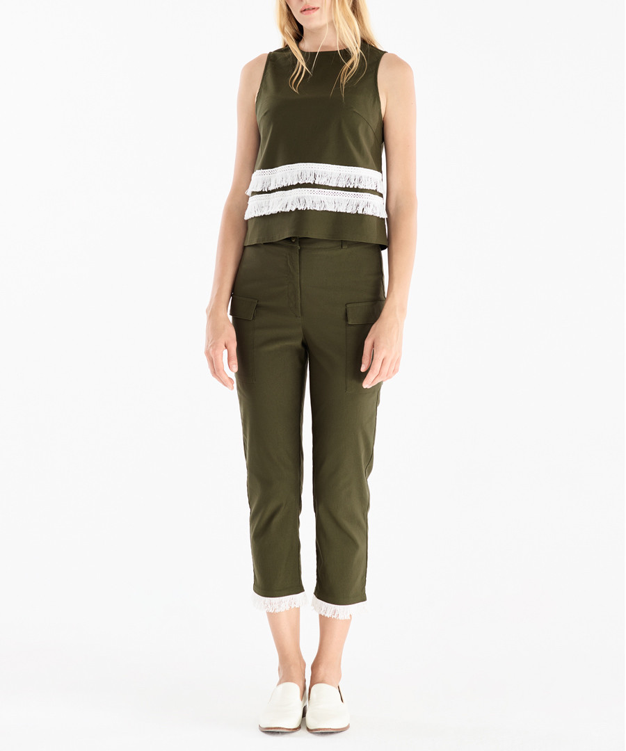 Khaki & white fringe trim blouse Sale - paisie