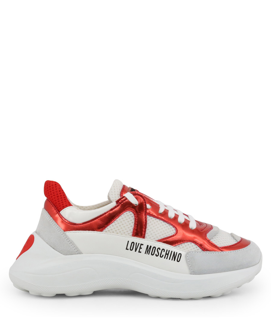 white & red leather mix sneakers Sale - love moschino