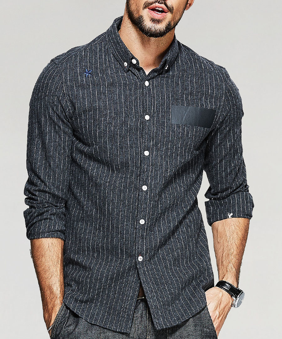 Charcoal cotton blend long sleeve shirt Sale - kuegou