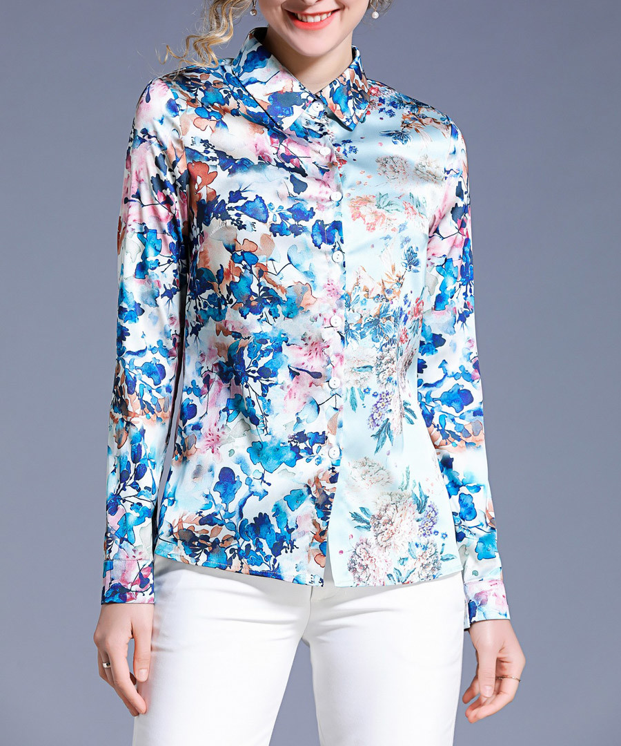 blue floral collared blouse Sale - Kaimilan