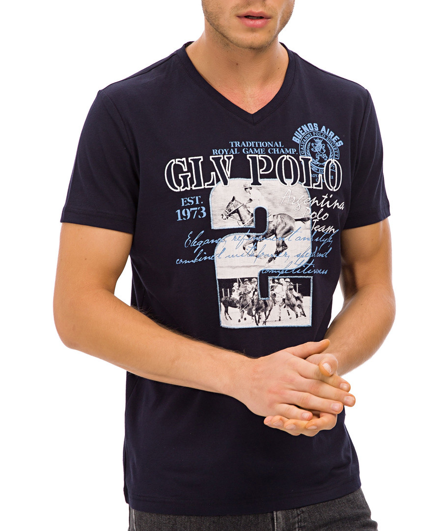 Navy blue V-neck pure cotton T-shirt Sale - galvanni