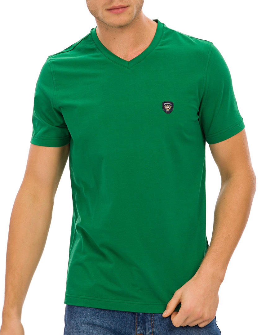 Green cotton blend logo V-neck T-shirt Sale - Galvanni
