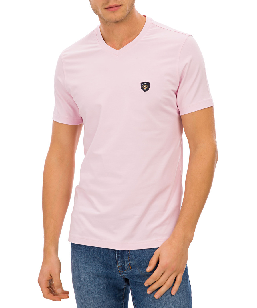 Pink cotton blend logo V-neck T-shirt Sale - Galvanni