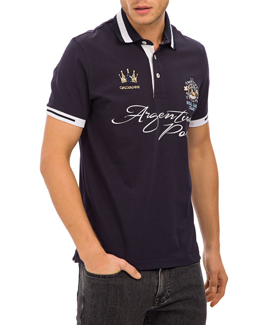 Navy cotton blend print polo T-shirt Sale - galvanni