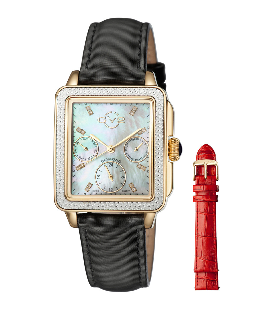 Gold-tone black leather changeable watch Sale - gv2