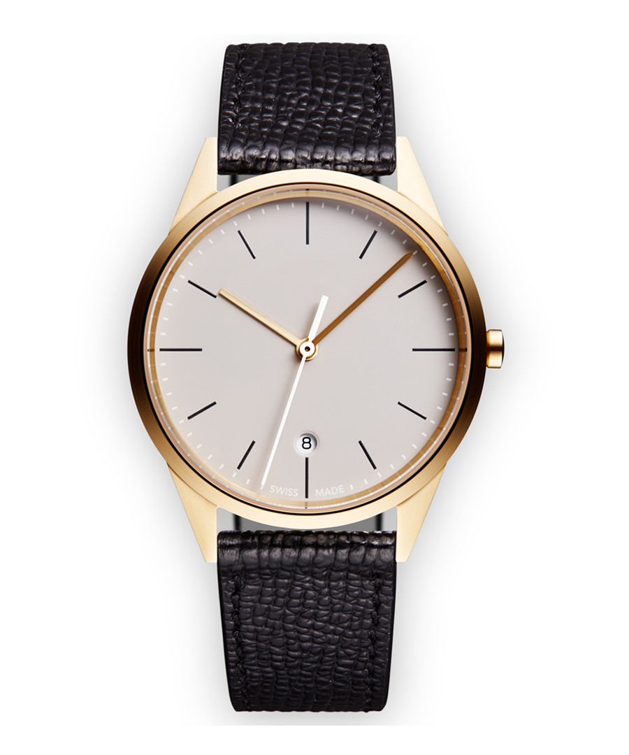 Gold-tone & black grain leather watch Sale - Uniform Wares