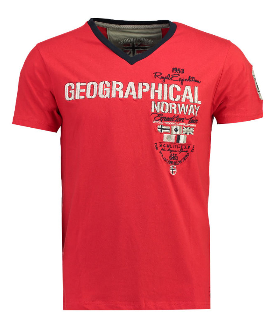 Jilitary red pure cotton V-neck T-shirt Sale - geographical norway